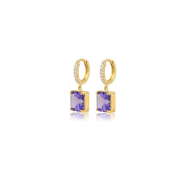 Small Diamond Huggies with Princess Cut Tanzanite Drop