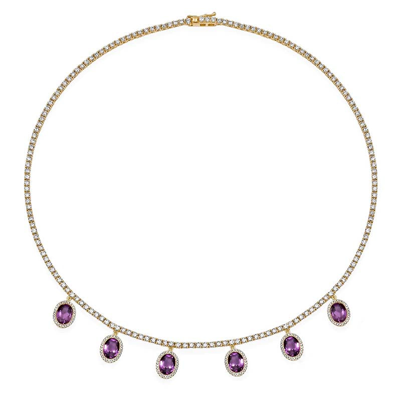 Small 4-Prong Diamond Tennis Necklace with Amethyst Bezel Accents