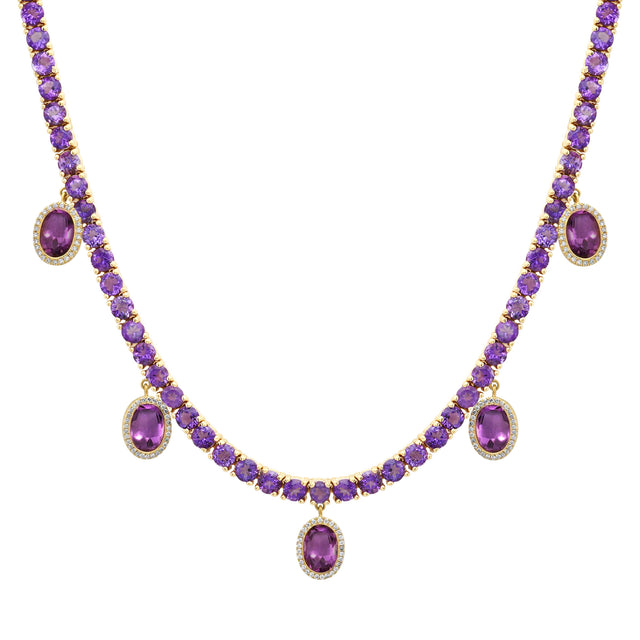 Large 4 Prong Amethyst Tennis Necklace with Five Amethyst Drops