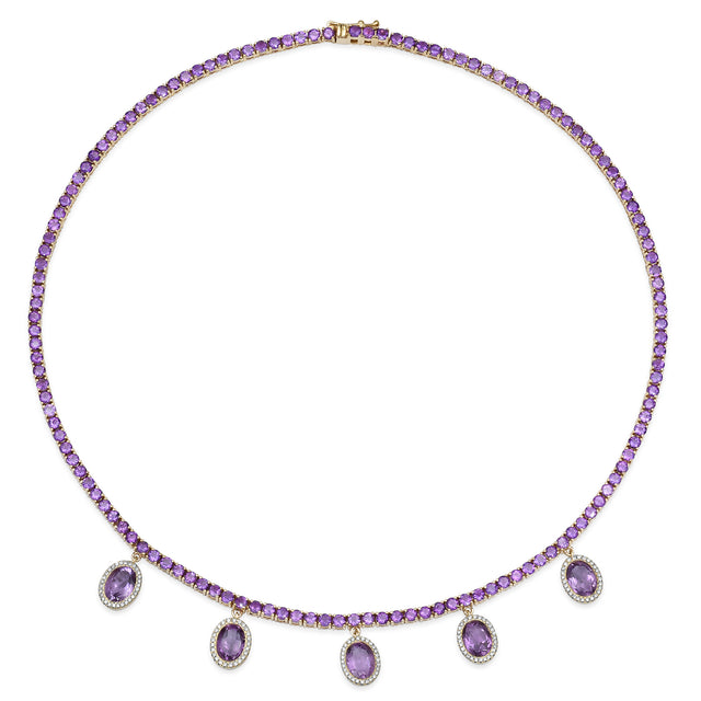 Large 4 Prong Amethyst Tennis Necklace with Five Amethyst Drops
