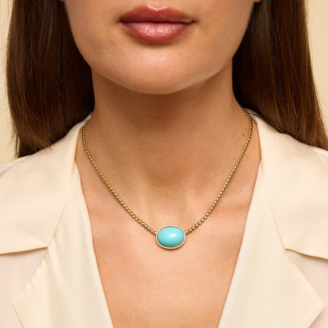 Bezel Tennis Necklace with Turquoise Cabochon 