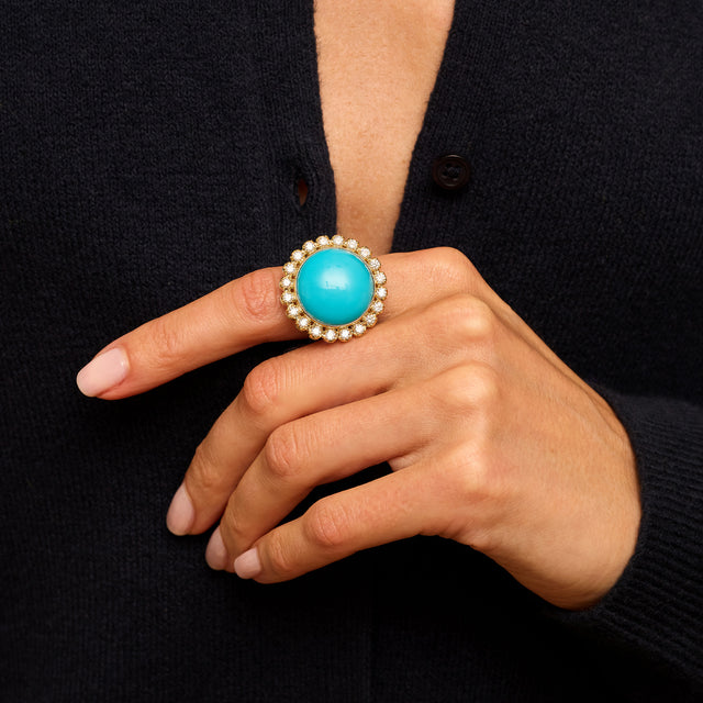 Turquoise Cabochon Ring with Illusion Set Diamonds