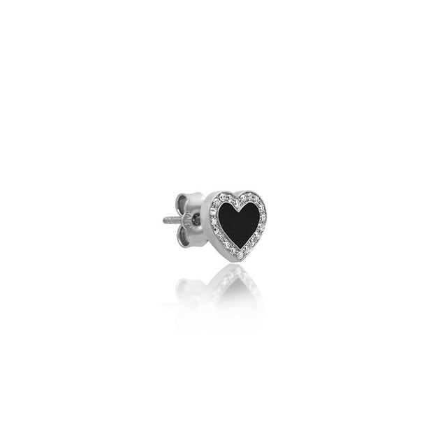White Gold Onyx Inlay Heart Studs with Diamonds