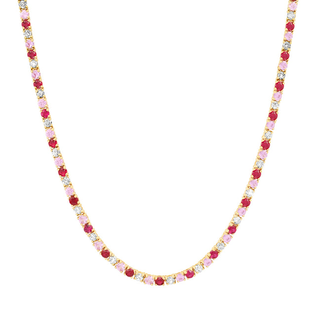 4-Prong Diamond, Pink Sapphire, and Ruby Tennis Necklace
