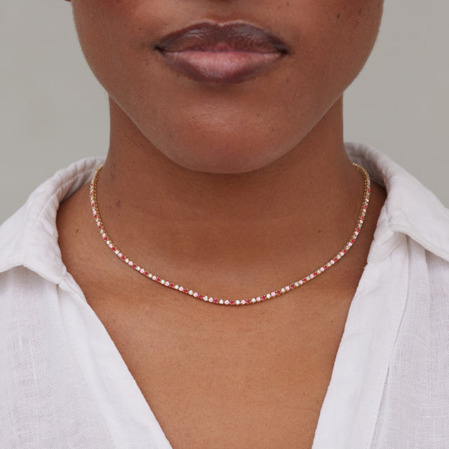 4-Prong Diamond, Pink Sapphire, and Ruby Tennis Necklace
