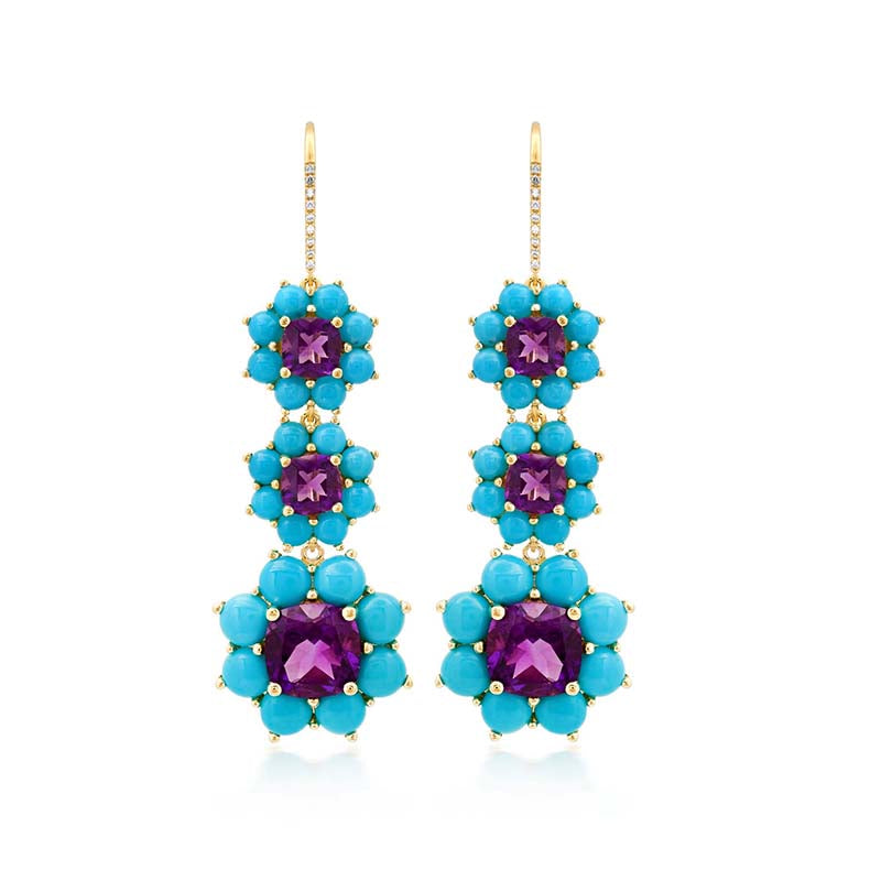 Graduated Statement Turquoise and Amethyst Flower Earrings