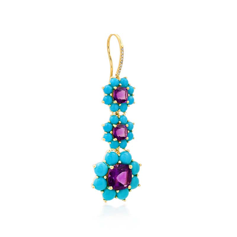 Graduated Statement Turquoise and Amethyst Flower Earrings