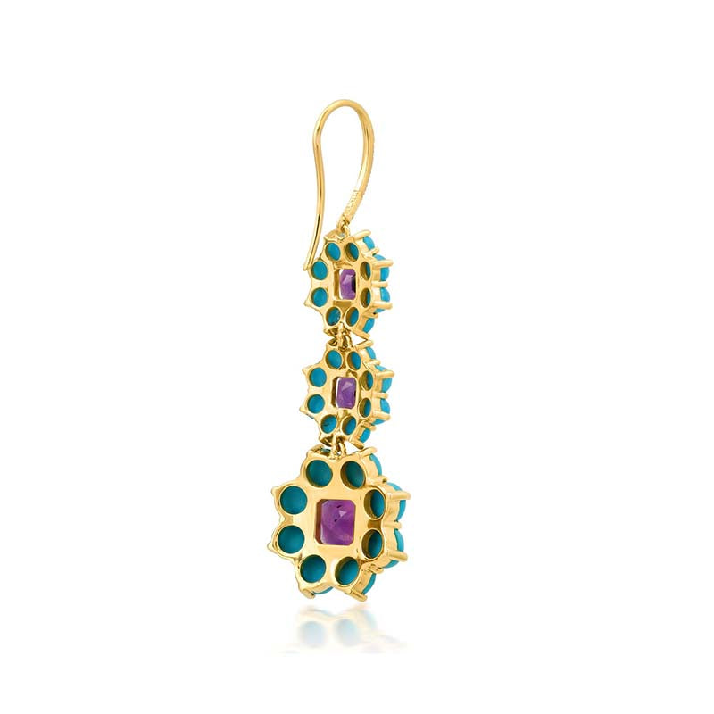 Graduated Statement Turquoise and Amethyst Flower Earrings