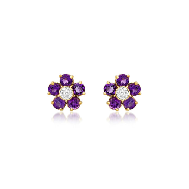 Amethyst Flower Studs with Diamond Center