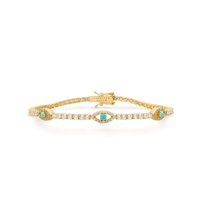 4-Prong Diamond Tennis Bracelet with Turquoise Mini Open Evil Eye Accents