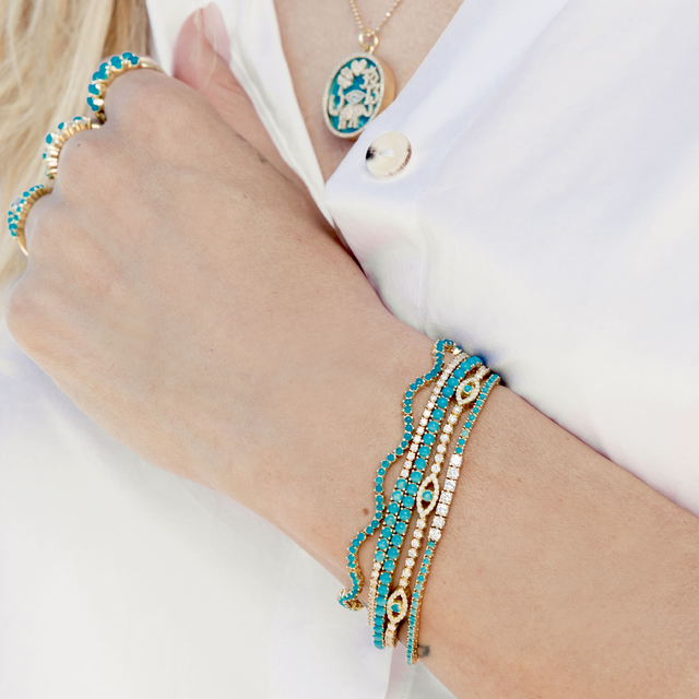 4-Prong Diamond Tennis Bracelet with Turquoise Mini Open Evil Eye Accents