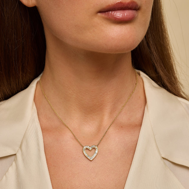 Channel Set Diamond Baguette Open Heart Necklace 