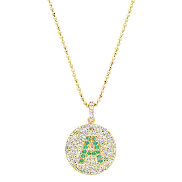 Diamond Disc with Emerald Letter Necklace