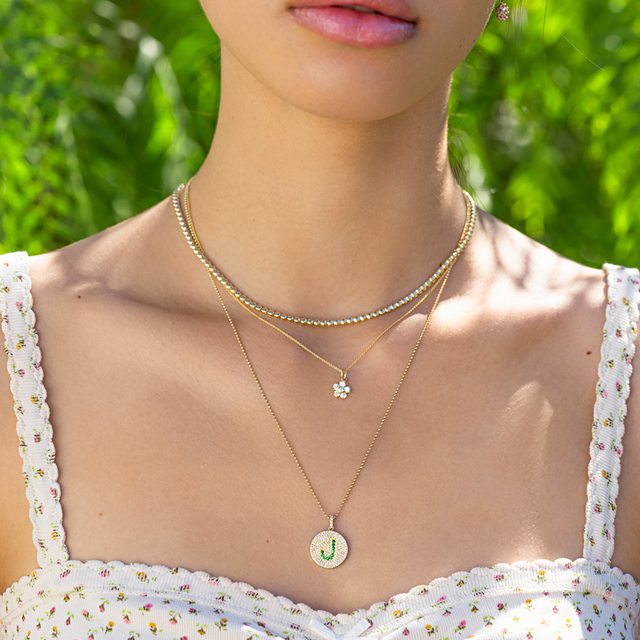Diamond Disc with Emerald Letter Necklace
