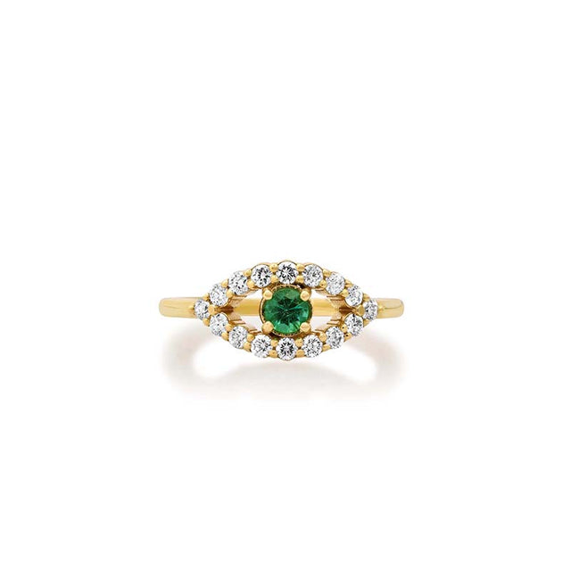 Medium Diamond Open Evil Eye Ring with Emerald Center
