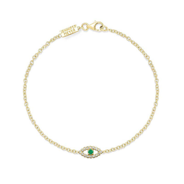 Mini Diamond Open Evil Eye with Emerald Center Bracelet