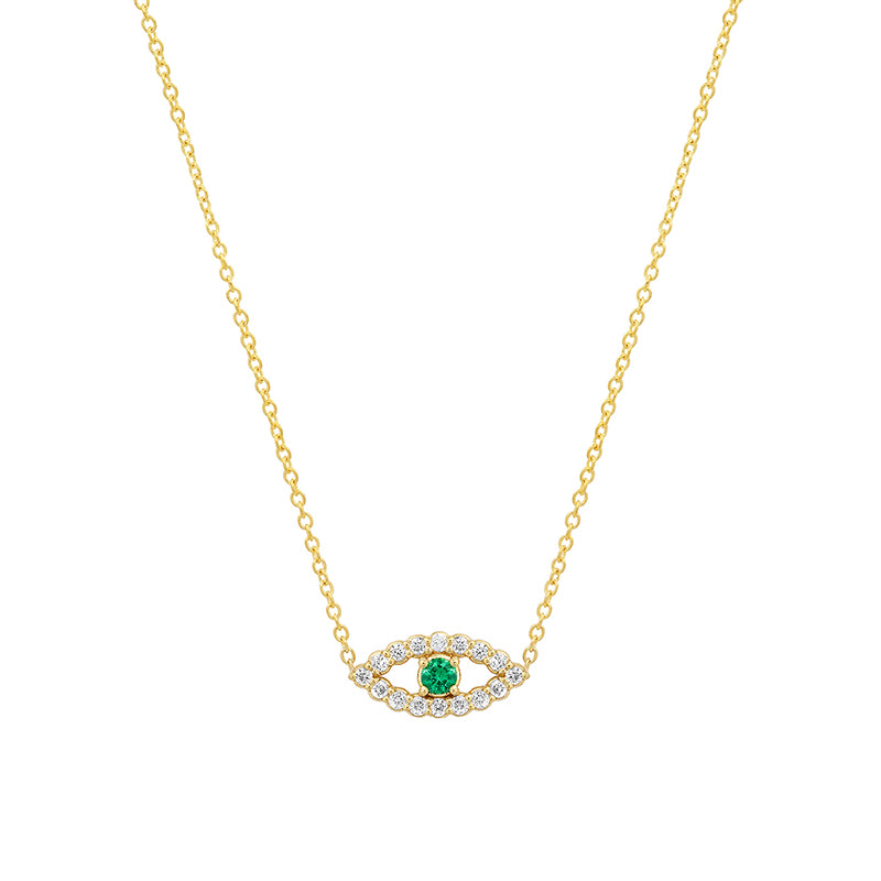 Diamond Mini Open Evil Eye Necklace with Emerald Center