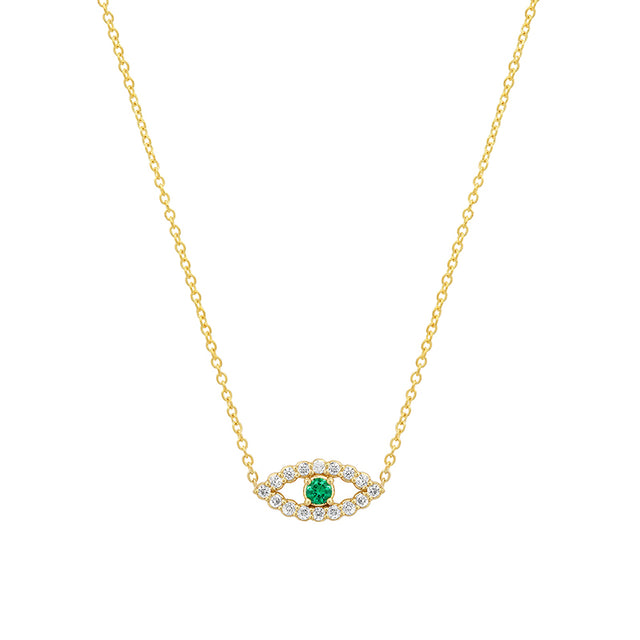 Mini Diamond Open Evil Eye Necklace with Emerald Center