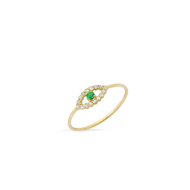 Diamond Mini Open Evil Eye Ring with Emerald Center