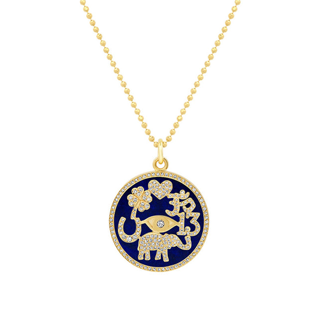 Lapis Inlay and Diamond Pave Good Luck Necklace
