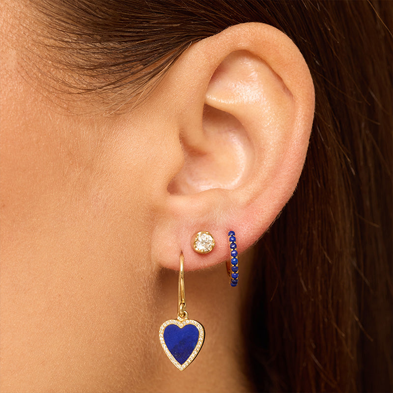 Mini Lapis Inlay Heart with Diamond Pave Earrings