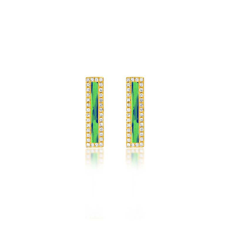 Opal Inlay Long Bar Studs with Diamonds