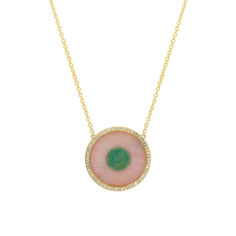 Pink Opal and Green Turquoise Inlay Evil Eye Necklace with Diamonds