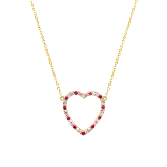Large Diamond, Pink Sapphire and Ruby Open Heart Necklace