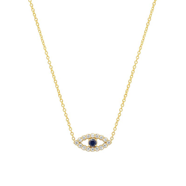 Mini Diamond Open Evil Eye Necklace with Blue Sapphire Center