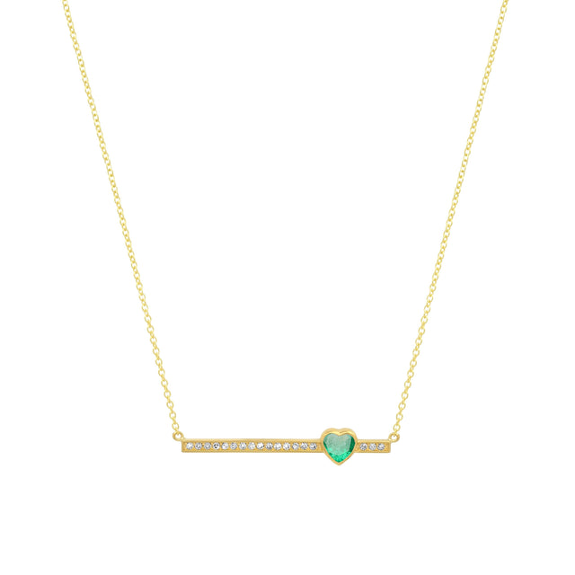 Diamond Stick Necklace with Heart Cut Emerald Accent
