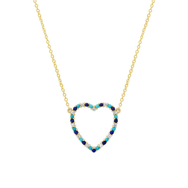 Large Diamond, Turquoise and Lapis Open Heart Necklace