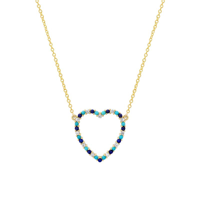 Large Diamond, Turquoise and Lapis Open Heart Necklace for Women
