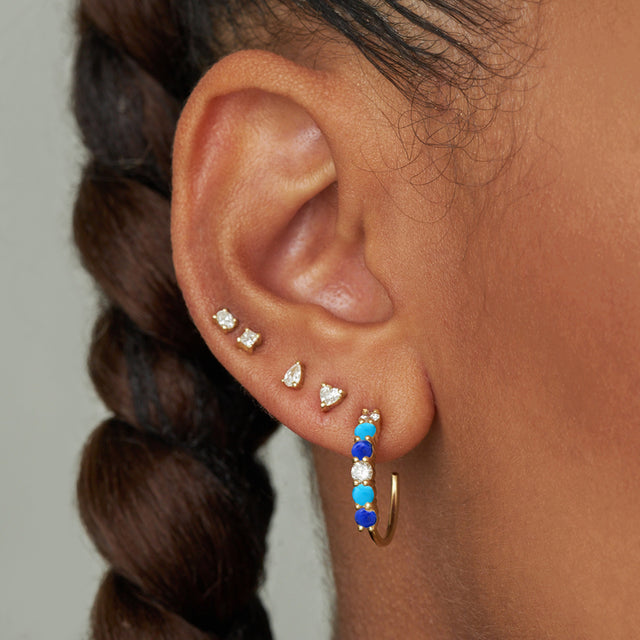 Small 4-Prong Diamond Lapis and Turquoise Hoops