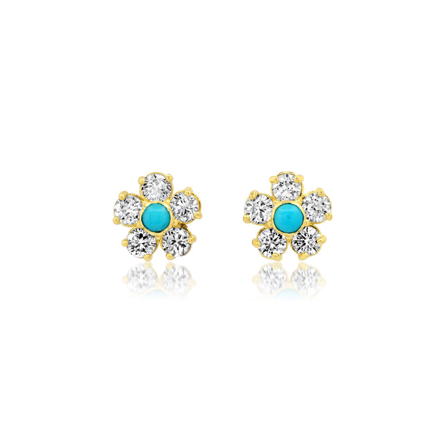 Diamond Flower Studs with Turquoise Center