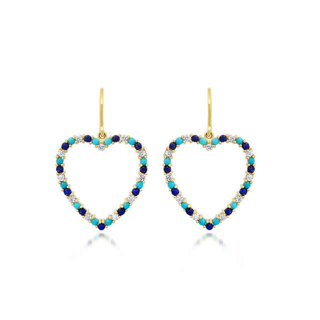 Large Diamond, Turquoise and Lapis Open Heart Drop Earrings