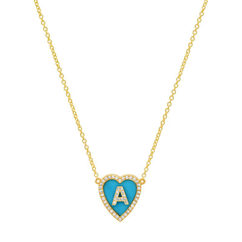 Mini Turquoise Inlay Heart Necklace with Diamond Letter Detail