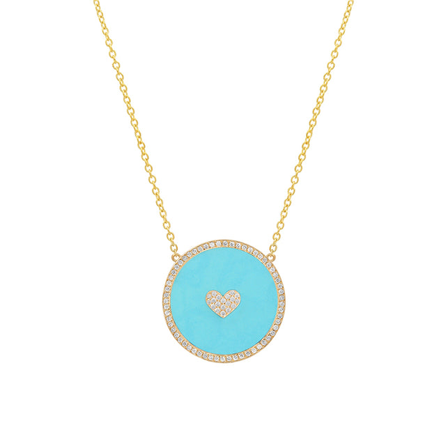 Small Turquoise Inlay Circle Necklace with Diamond and Heart Detail