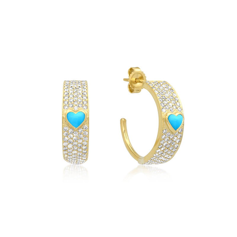 Wide Diamond Ellen Hoops with Heart-Cut Turquoise Accent