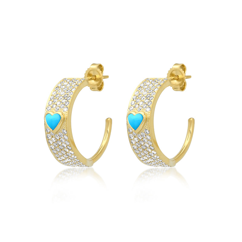 Wide Diamond Ellen Hoops with Heart-Cut Turquoise Accent