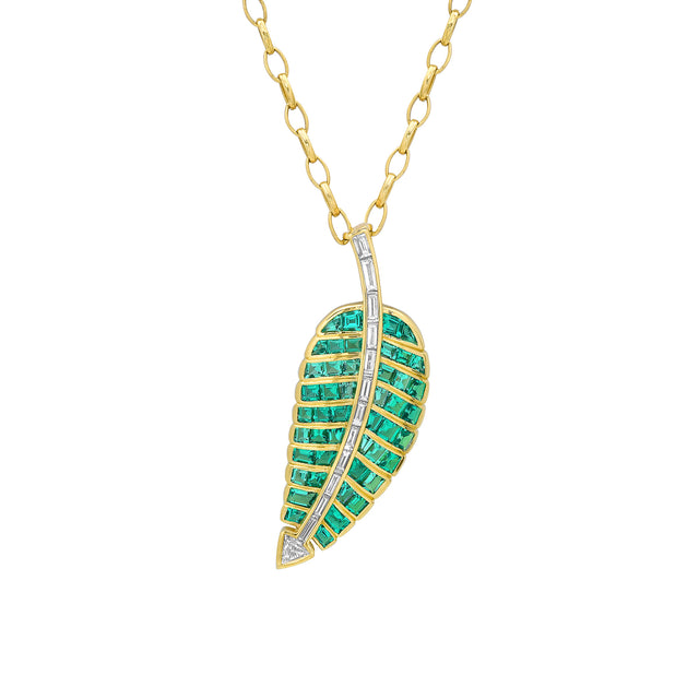 Large 20th Anniversary Emerald & Diamond Leaf Necklace