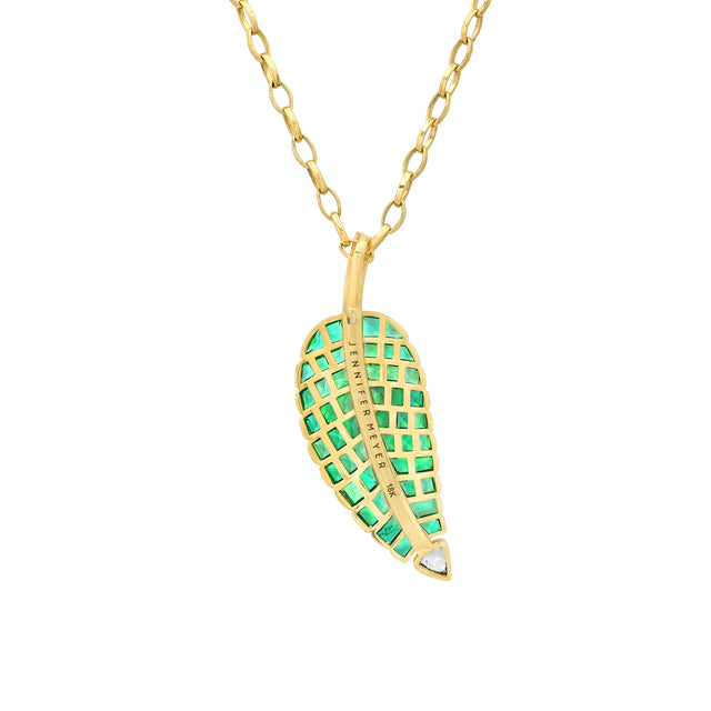 Large 20th Anniversary Emerald & Diamond Leaf Necklace