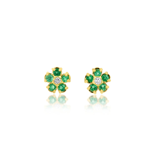 Mini Emerald Flower Studs with Diamond Center