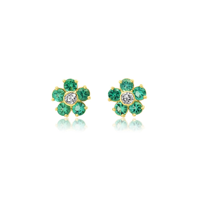 Emerald Flower Studs with Diamond Center