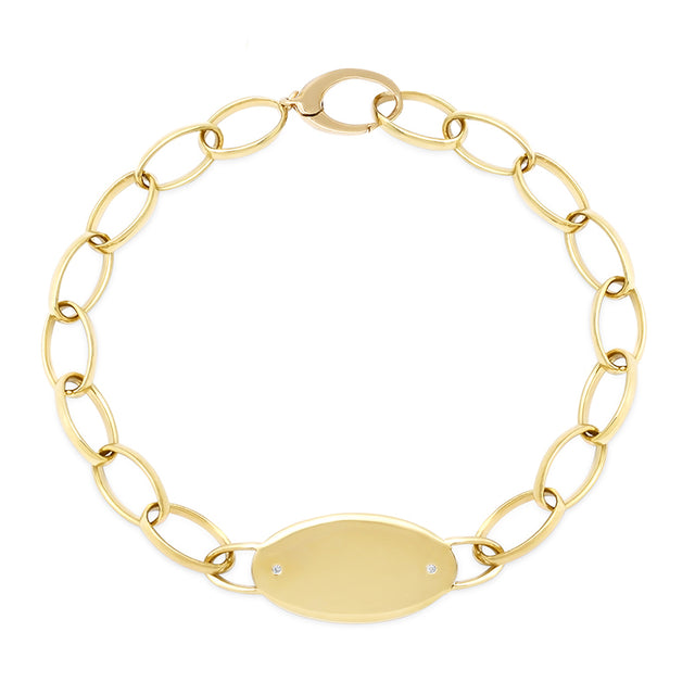Medium Edith Link Bracelet with Oval Engravable Nameplate and Diamond Accents