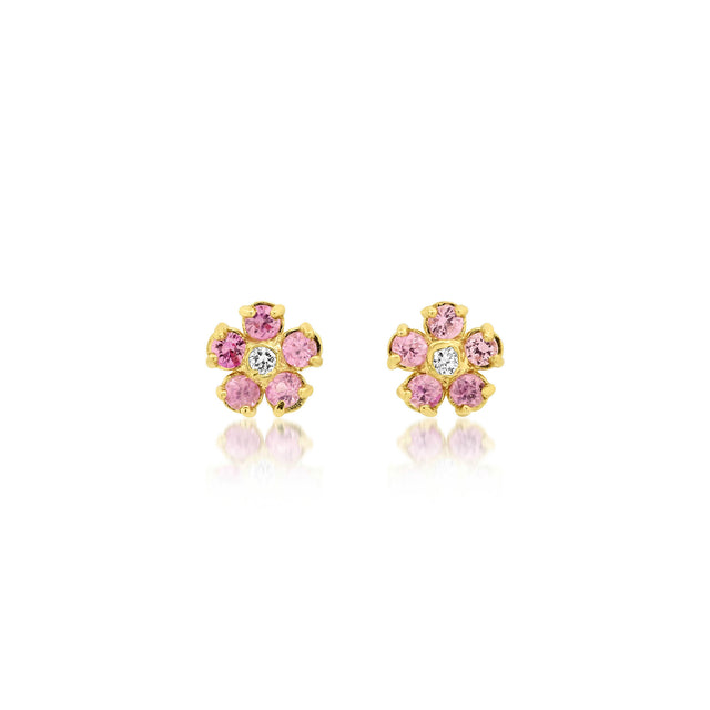 Mini Pink Sapphire Flower Studs with Diamond Center