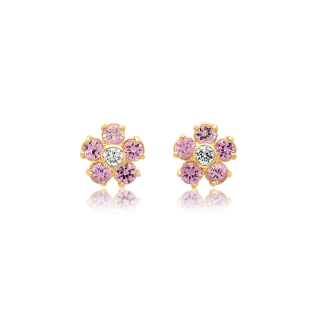 Pink Sapphire Flower Studs with Diamond Center