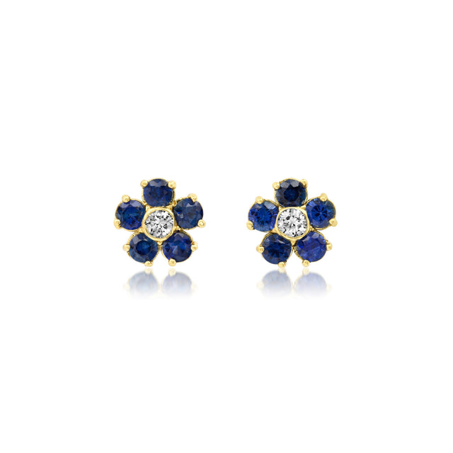 Blue Sapphire Flower Studs with Diamond Center