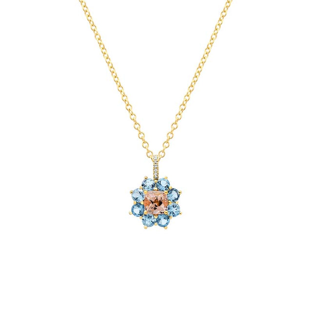 Petite Statement Aquamarine Flower Pendant Necklace with Morganite Center