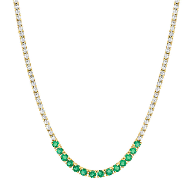 4-Prong Diamond Tennis Necklace with Large 4-Prong Emerald Accent