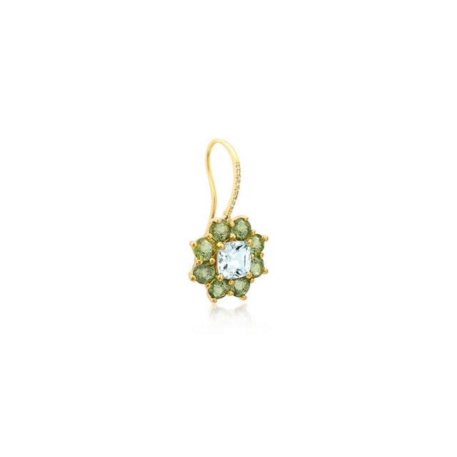 Petite Statement Mint Tourmaline Flower Drop Earrings with Aquamarine Center